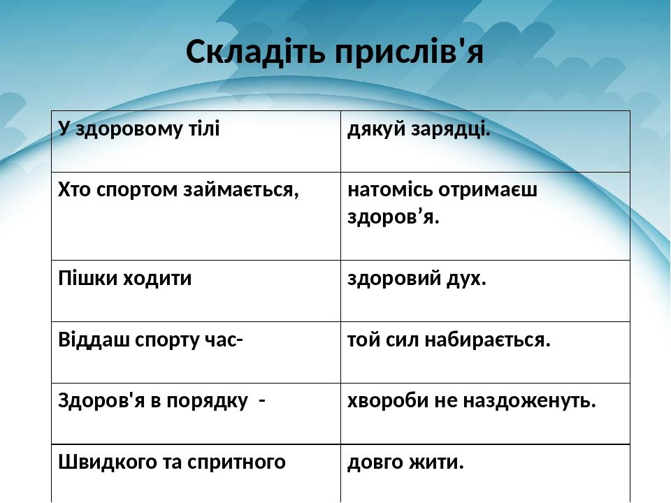 Складіть прислів'я У здоровому тілі дякуй зарядці. Хто спортом займається, натомісьотримаєш здоров’я. Пішки ходити здоровий дух. Віддашспортучас- т...