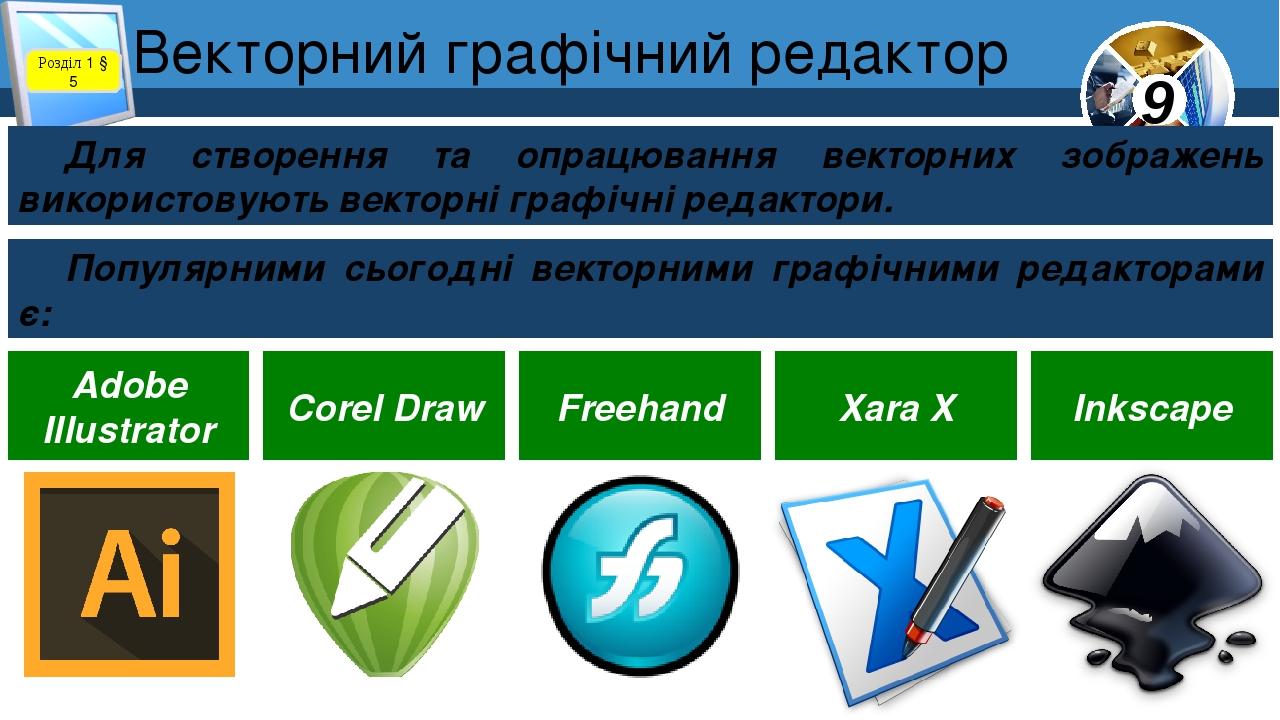 Векторний графічний редактор Розділ 1 § 5 Для створення та опрацювання векторних зображень використовують векторні графічні редактори. Популярними ...