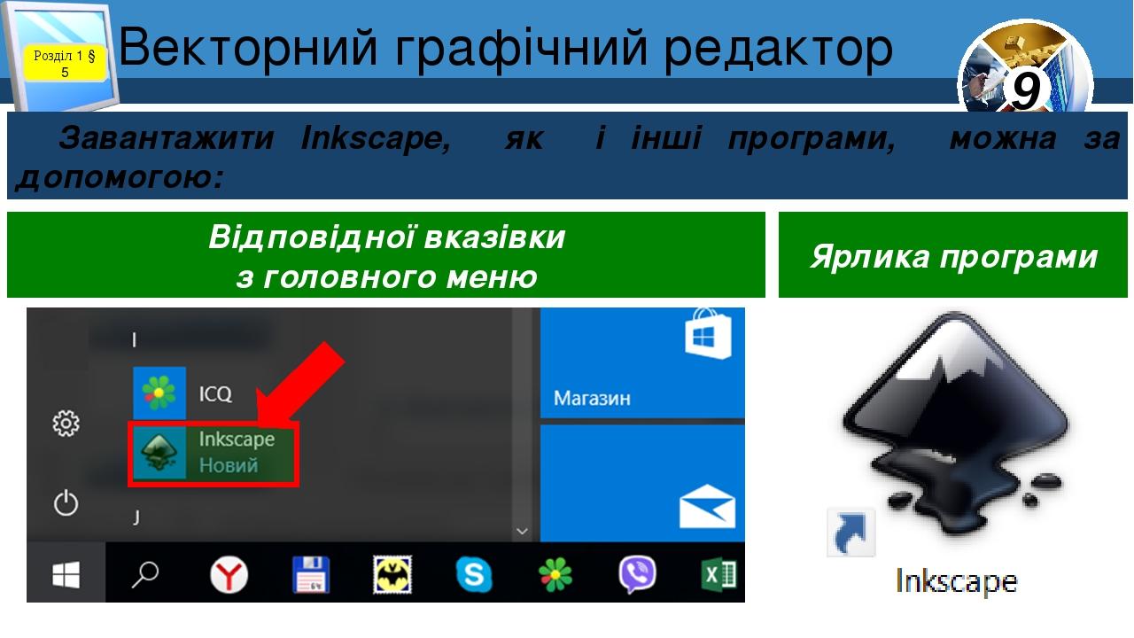 Векторний графічний редактор Розділ 1 § 5 Завантажити Inkscape, як і інші програми, можна за допомогою: Відповідної вказівки з головного меню Ярлик...