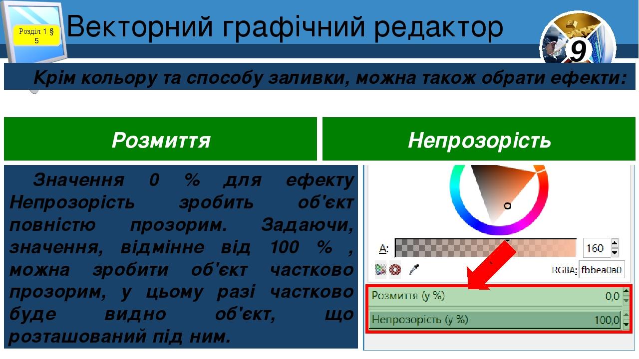 Розділ 1 § 5 Крім кольору та способу заливки, можна також обрати ефекти: Розмиття Непрозорість Значення 0 % для ефекту Непрозорість зробить об'єкт ...