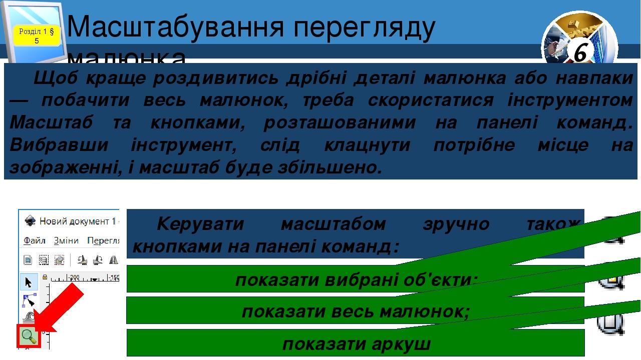Масштабування перегляду малюнка Розділ 1 § 5 Щоб краще роздивитись дрібні деталі малюнка або навпаки — побачити весь малюнок, треба скористатися ін...