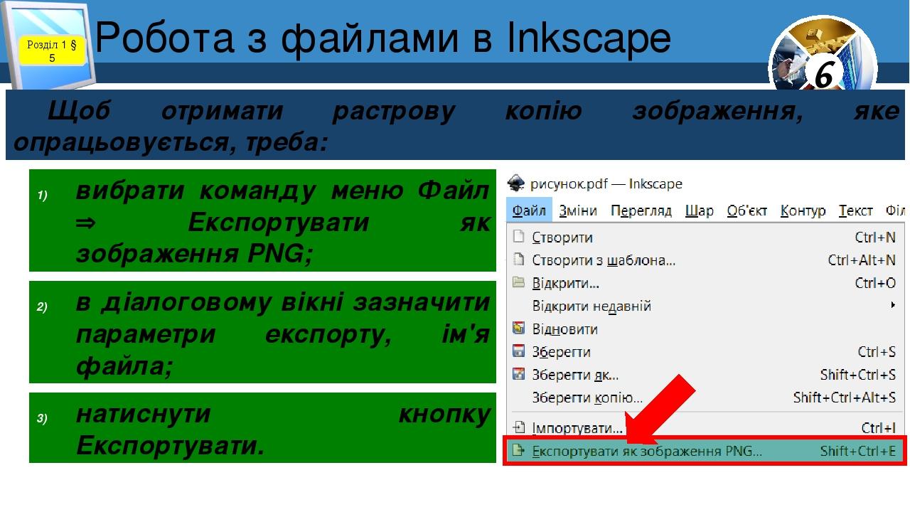 Робота з файлами в Inkscape Розділ 1 § 5 Щоб отримати растрову копію зображення, яке опрацьовується, треба: вибрати команду меню Файл  Експортуват...