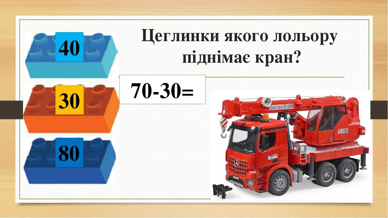 Цеглинки якого лольору піднімає кран? 70-30= 30 80 40