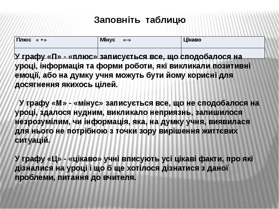 Заповніть таблицю У графу «П» - «плюс» записується все, що сподобалося на уроці, інформація та форми роботи, які викликали позитивні емоції, або на...
