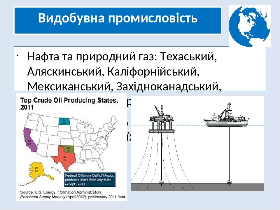 Видобувна промисловість Нафта та природний газ: Техаський, Аляскинський, Каліфорнійський, Мексиканський, Західноканадський, Маракайбський, Ориноксь...