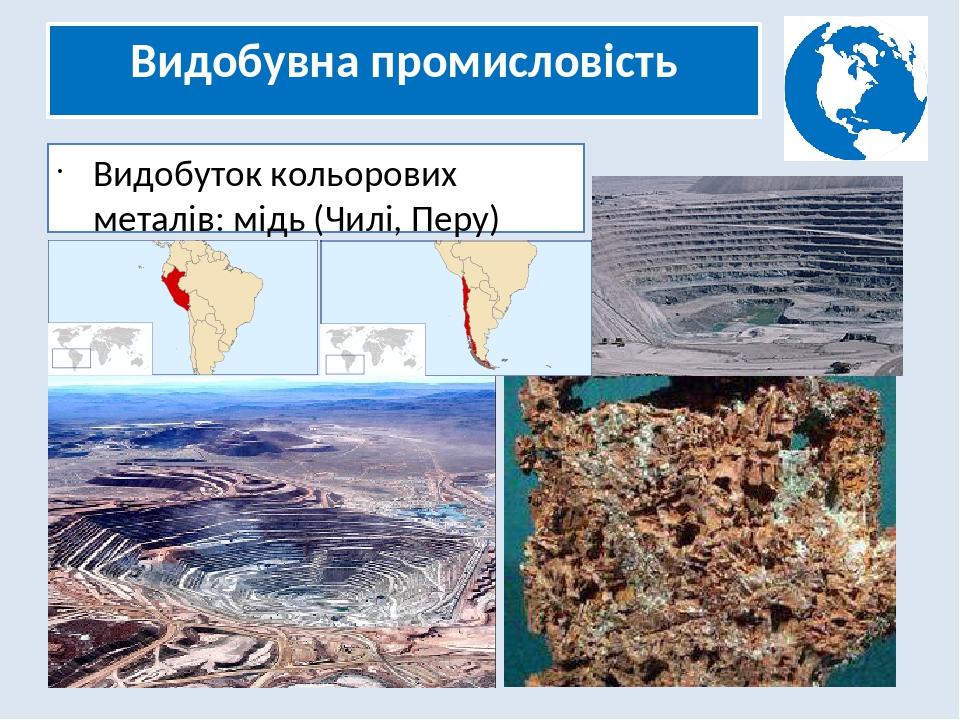 Видобувна промисловість Видобуток кольорових металів: мідь (Чилі, Перу)