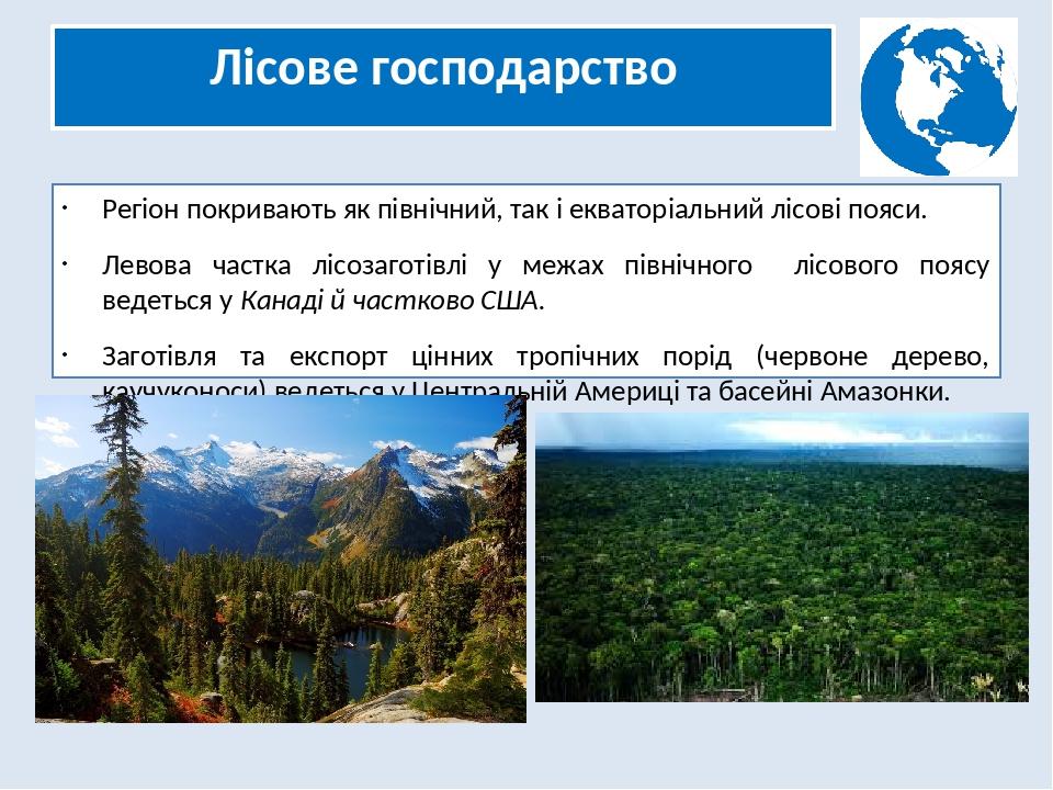 Лісове господарство Регіон покривають як північний, так і екваторіальний лісові пояси. Левова частка лісозаготівлі у межах північного лісового пояс...