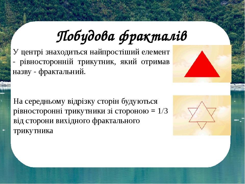 У центрі знаходиться найпростіший елемент - рівносторонній трикутник, який отримав назву - фрактальний. На середньому відрізку сторін будуються рів...