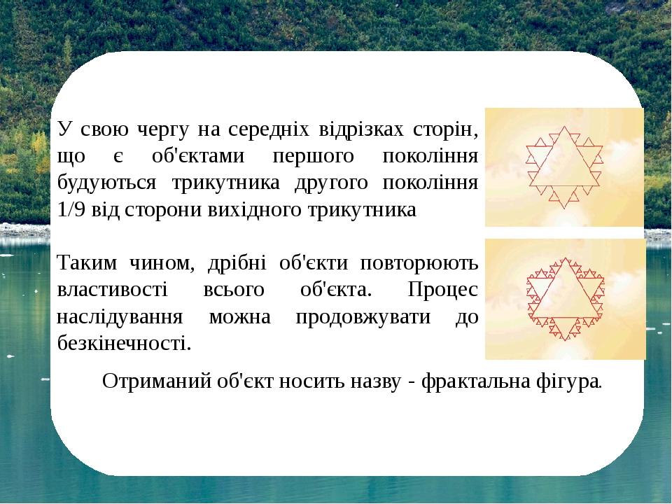 У свою чергу на середніх відрізках сторін, що є об'єктами першого покоління будуються трикутника другого покоління 1/9 від сторони вихідного трикут...