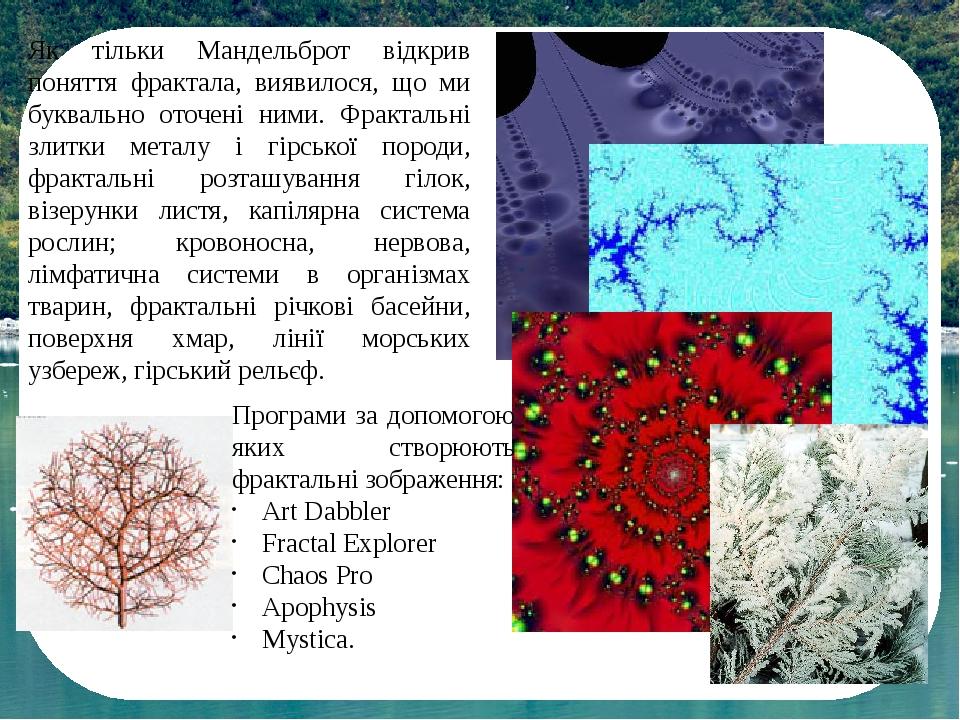 Як тільки Мандельброт відкрив поняття фрактала, виявилося, що ми буквально оточені ними. Фрактальні злитки металу і гірської породи, фрактальні роз...