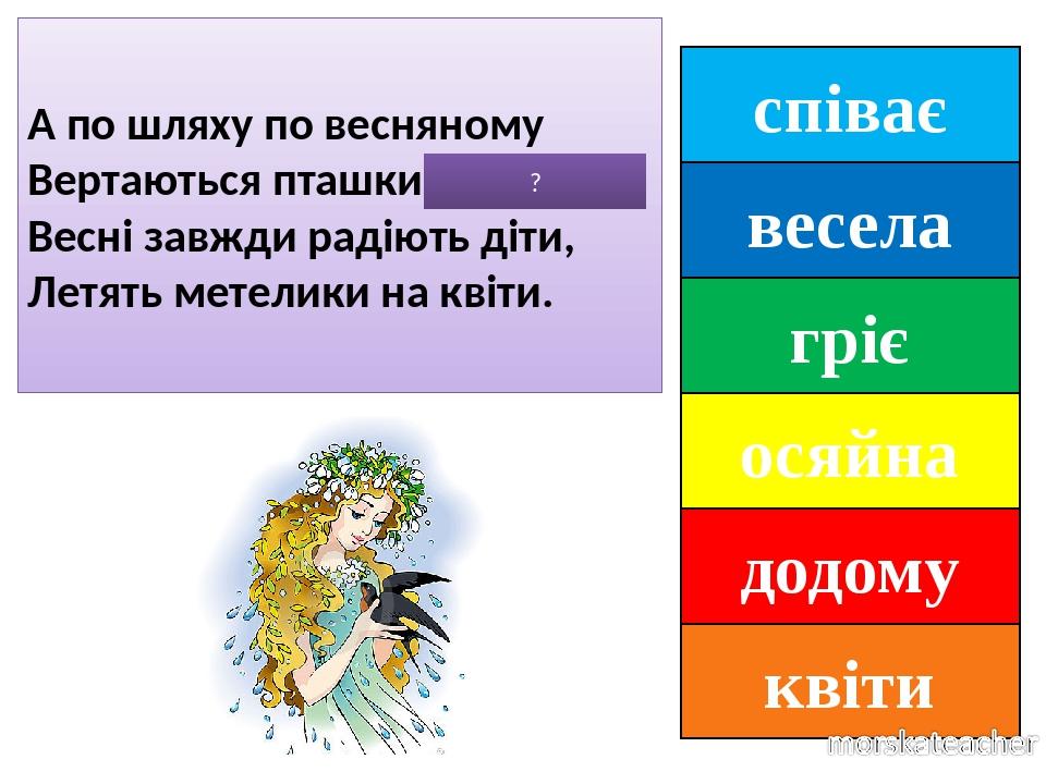 співає весела гріє осяйна додому квіти А по шляху по весняному Вертаються пташки ДОДОМУ, Весні завжди радіють діти, Летять метелики на квіти. ?