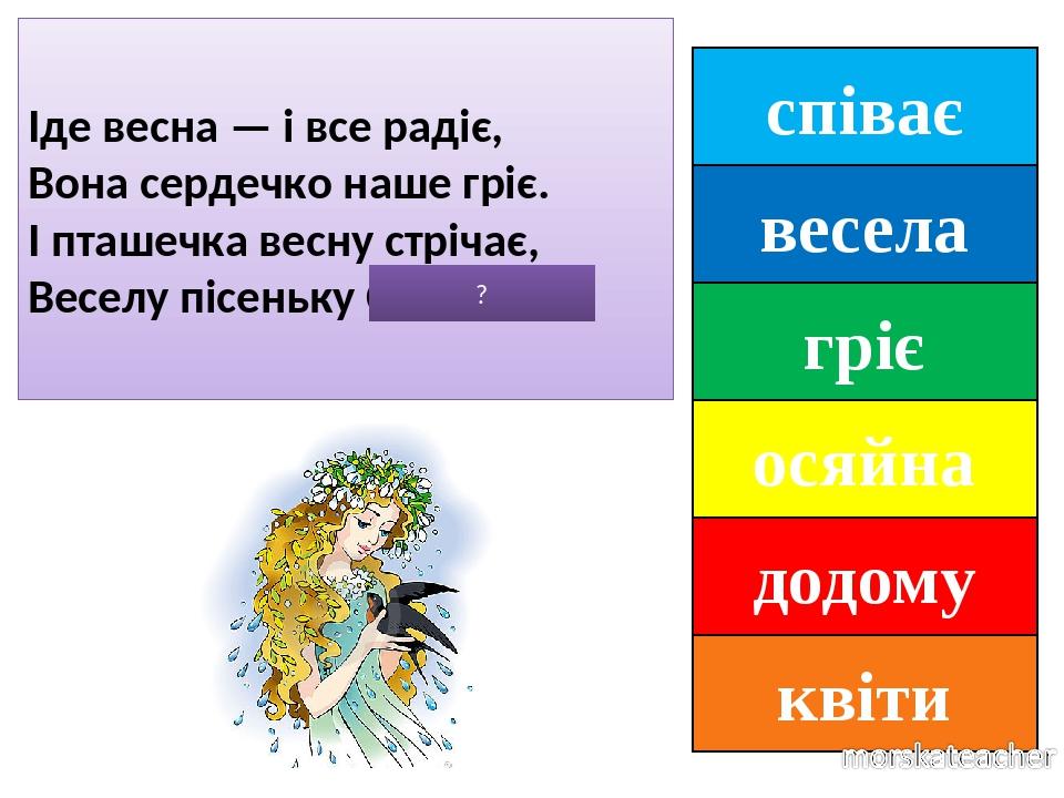 співає весела гріє осяйна додому квіти Іде весна — і все радіє, Вона сердечко наше гріє. І пташечка весну стрічає, Веселу пісеньку СПІВАЄ. ?