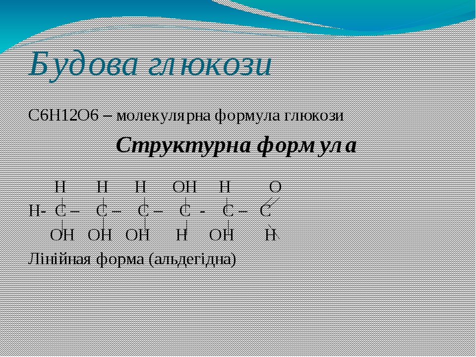 Будова глюкози С6Н12О6 – молекулярна формула глюкози Н Н Н ОН Н О Н- С – С – С – С - С – С ОН ОН ОН Н ОН Н Лінійная форма (альдегідна) Структурна ф...