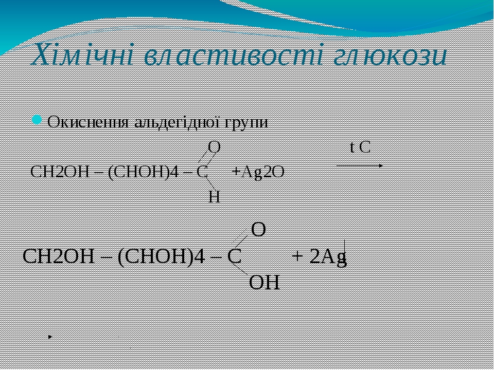 Хімічні властивості глюкози Окиснення альдегідної групи О t С СН2ОН – (СНОН)4 – С +Аg2О Н О СН2ОН – (СНОН)4 – С + 2Аg ОН