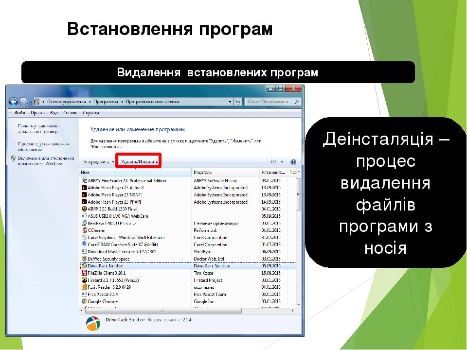 Встановлення програм Видалення встановлених програм Деінсталяція – процес видалення файлів програми з носія