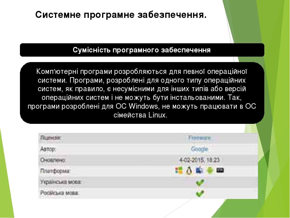 Сумісність програмного забеспечення Системне програмне забезпечення. Комп'ютерні програми розробляються для певної операційної системи. Програми, р...