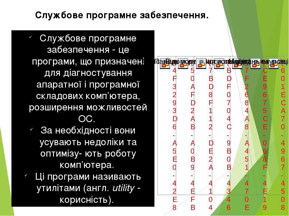 Службове програмне забезпечення - це програми, що призначені для діагностування апаратної і програмної складових комп’ютера, розширення можливостей...