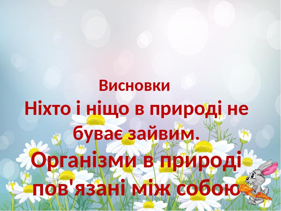Висновки Ніхто і ніщо в природі не буває зайвим. Організми в природі пов'язані між собою ланцюгами живлення