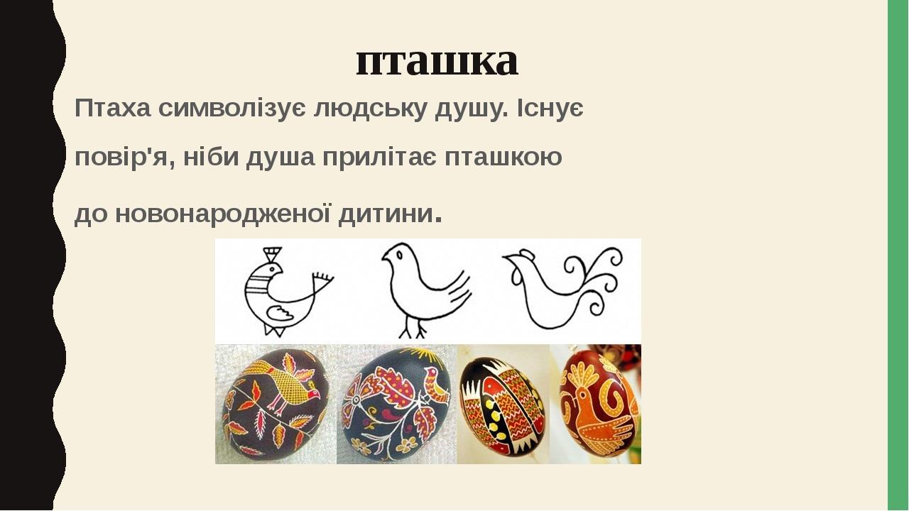 пташка Птаха символізує людську душу. Існує повір'я, ніби душа прилітає пташкою до новонародженої дитини.