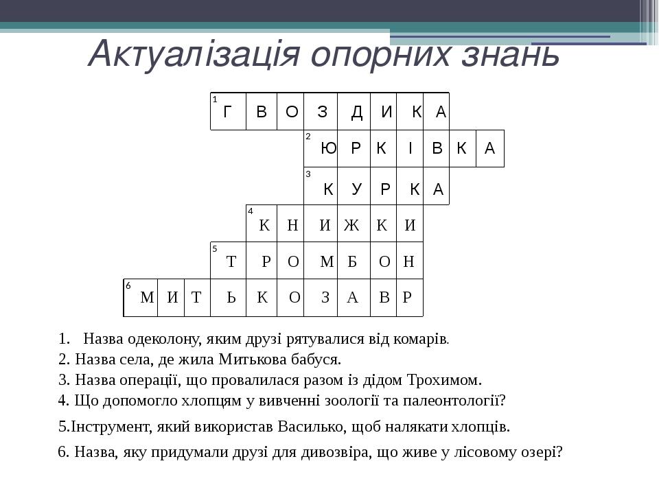 Актуалізація опорних знань Назва одеколону, яким друзі рятувалися від комарів. Г В О З Д И К А 2. Назва села, де жила Митькова бабуся. Ю Р К І В К ...
