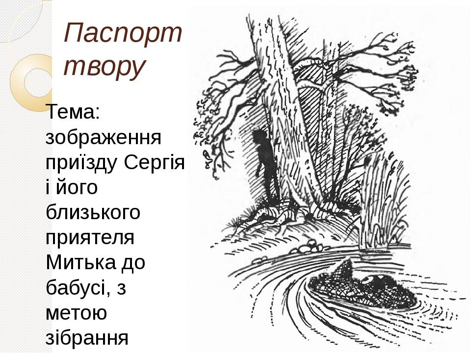 Паспорт твору Тема: зображення приїзду Сергія і його близького приятеля Митька до бабусі, з метою зібрання колекції комах.