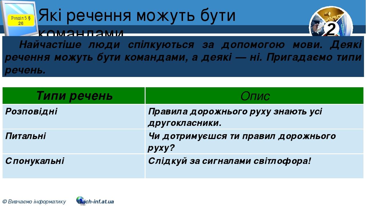 Які речення можуть бути командами Найчастіше люди спілкуються за допомогою мови. Деякі речення можуть бути командами, а деякі — ні. Пригадаємо типи...
