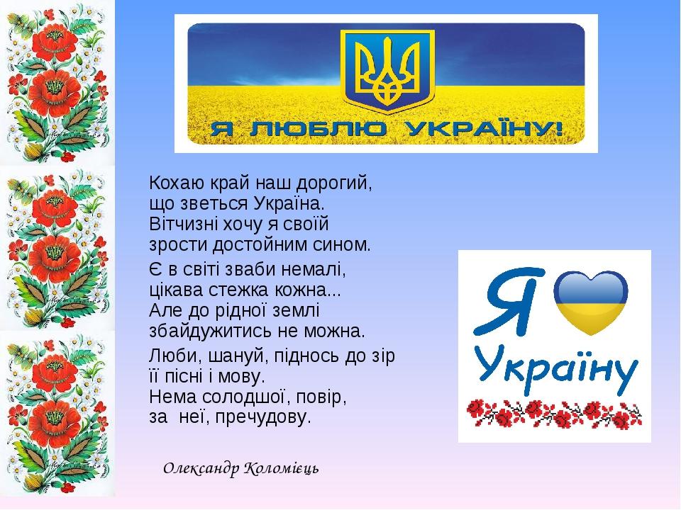 Кохаю край наш дорогий, що зветься Україна. Вітчизні хочу я своїй зрости достойним сином. Є в світі зваби немалі, цікава стежка кожна... Але до рід...
