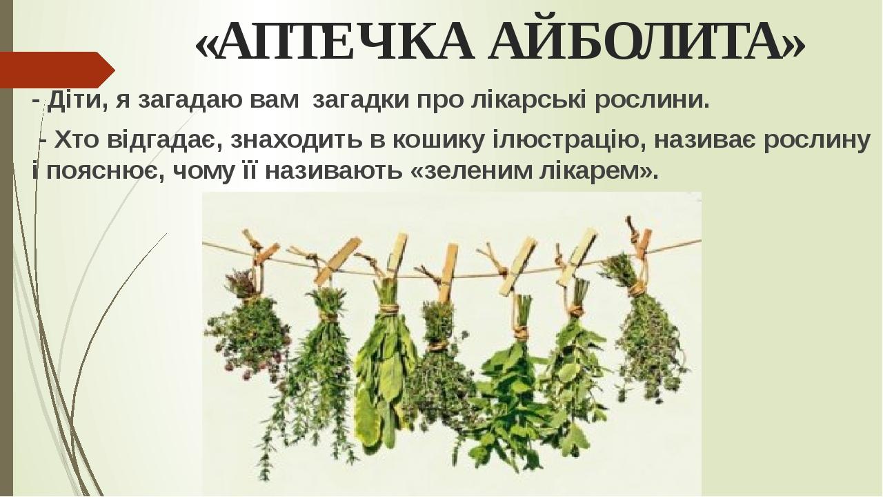 «АПТЕЧКА АЙБОЛИТА» - Діти, я загадаю вам загадки про лікарські рослини. - Хто відгадає, знаходить в кошику ілюстрацію, називає рослину і пояснює, ч...