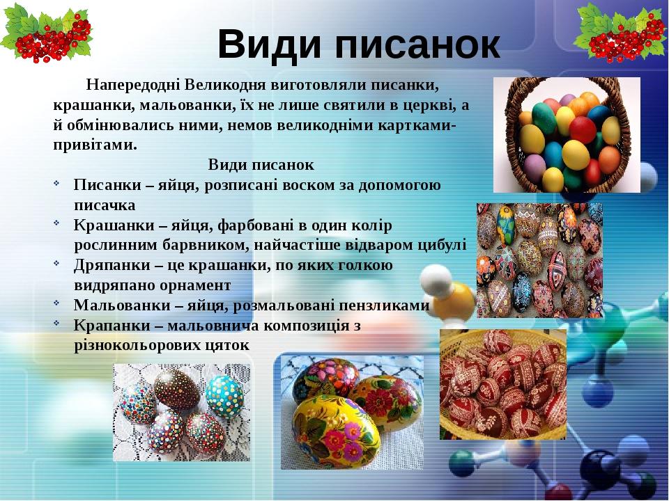 Види писанок Напередодні Великодня виготовляли писанки, крашанки, мальованки, їх не лише святили в церкві, а й обмінювались ними, немов великодніми...