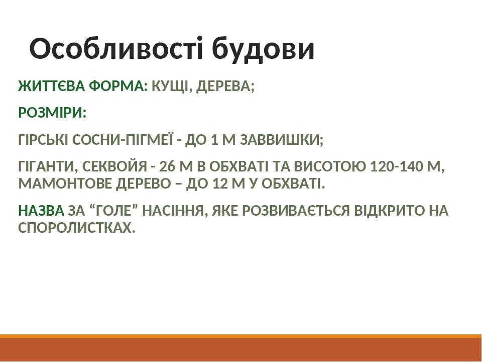 Особливості будови ЖИТТЄВА ФОРМА: КУЩІ, ДЕРЕВА; РОЗМІРИ: ГІРСЬКІ СОСНИ-ПІГМЕЇ - ДО 1 М ЗАВВИШКИ; ГІГАНТИ, СЕКВОЙЯ - 26 М В ОБХВАТІ ТА ВИСОТОЮ 120-1...