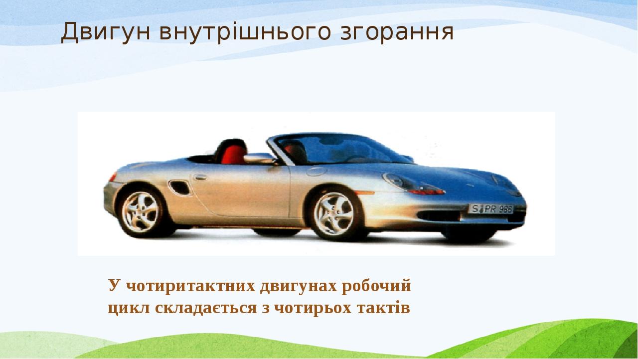 Двигун внутрішнього згорання У чотиритактних двигунах робочий цикл складається з чотирьох тактів