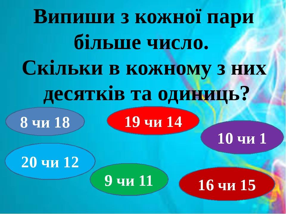 Випиши з кожної пари більше число. Скільки в кожному з них десятків та одиниць? 8 чи 18 20 чи 12 19 чи 14 9 чи 11 10 чи 1 16 чи 15