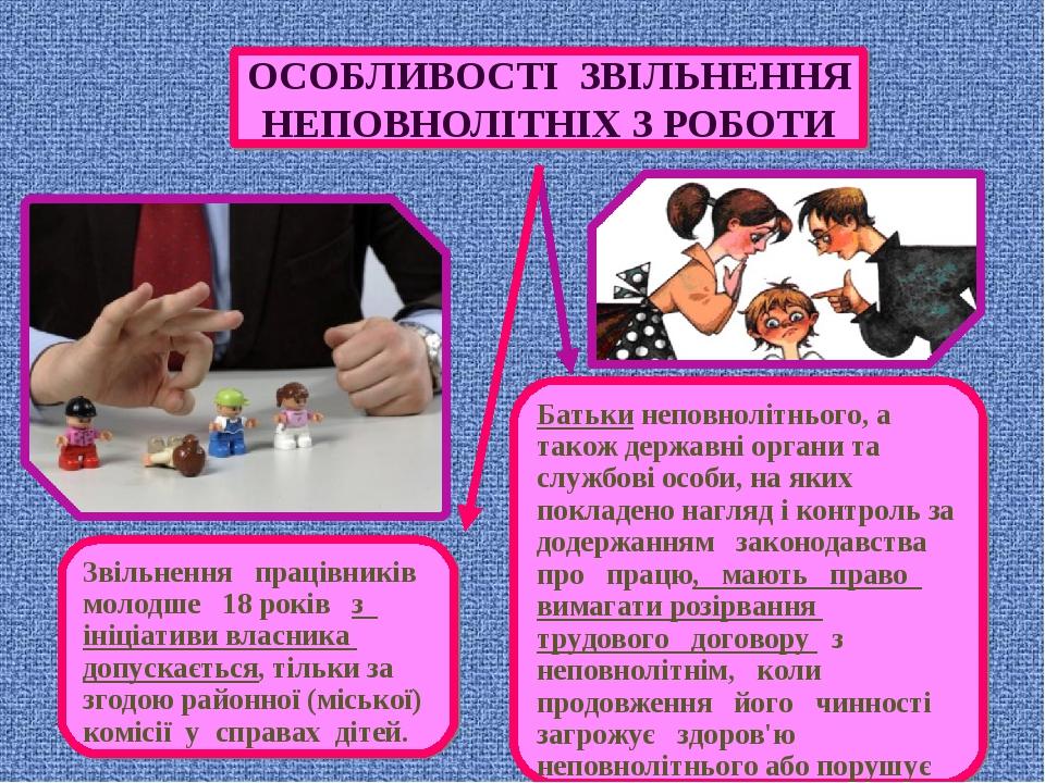 ОСОБЛИВОСТІ ЗВІЛЬНЕННЯ НЕПОВНОЛІТНІХ З РОБОТИ Звільнення працівників молодше 18 років з ініціативи власника допускається, тільки за згодою районної...