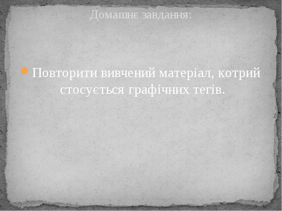 Повторити вивчений матеріал, котрий стосується графічних тегів. Домашнє завдання: