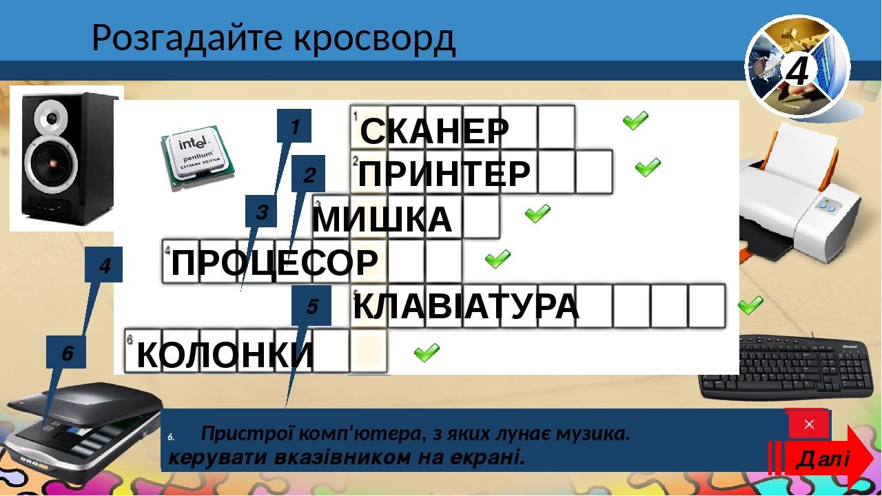 Розгадайте кросворд Пристрій, потрібний для введення графічної інформації в комп’ютер. Пристрій, який роздруковує на папері зображення та тексти. П...