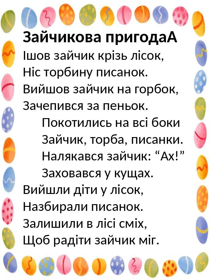 Зайчикова пригода  Ішов зайчик крізь лісок, Ніс торбину писанок. Вийшов зайчик на горбок, Зачепився за пеньок. Покотились на всі боки Зайчик, торба...