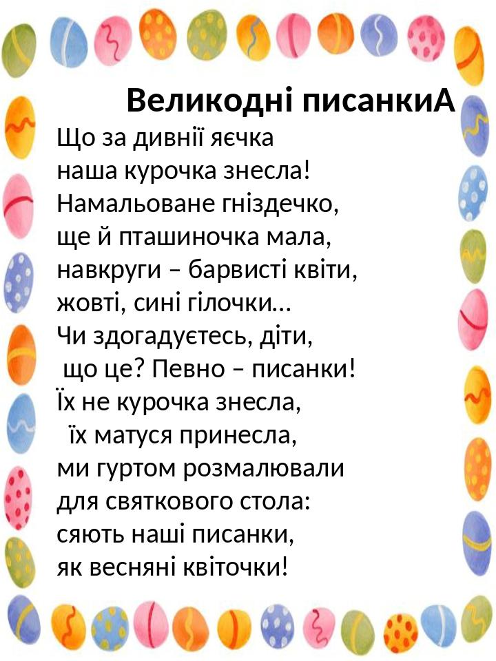 Великодні писанки  Що за дивнії яєчка наша курочка знесла! Намальоване гніздечко, ще й пташиночка мала, навкруги – барвисті квіти, жовті, сині гіло...
