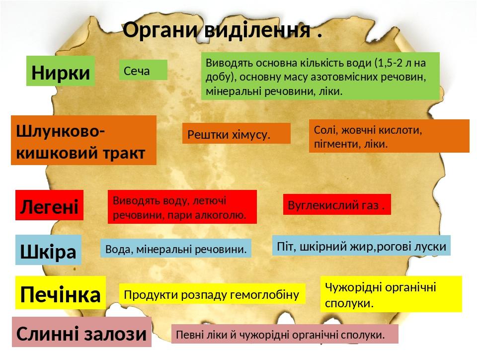 Органи виділення . Нирки Легені Шлунково-кишковий тракт Шкіра Вуглекислий газ . Чужорідні органічні сполуки. Продукти розпаду гемоглобіну Піт, шкір...