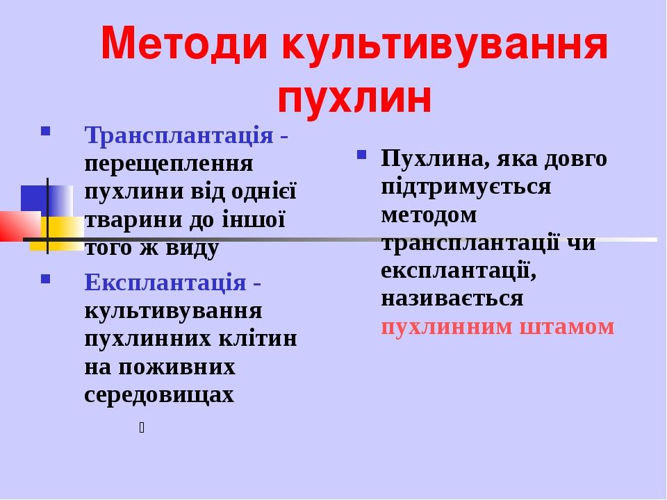 Методи культивування пухлин Трансплантація - перещеплення пухлини від однієї тварини до іншої того ж виду Експлантація - культивування пухлинних кл...