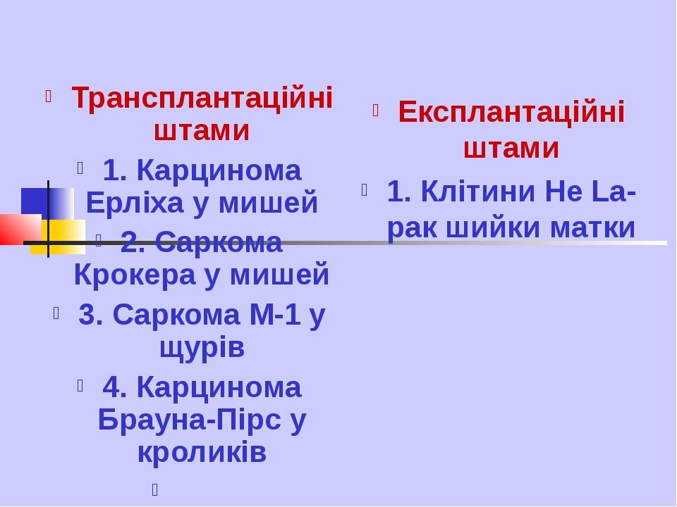 Трансплантаційні штами 1. Карцинома Ерліха у мишей 2. Саркома Крокера у мишей 3. Саркома М-1 у щурів 4. Карцинома Брауна-Пірс у кроликів Експлантац...