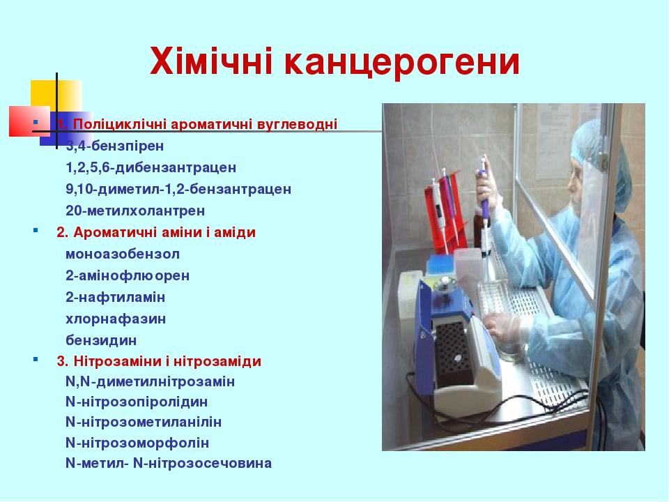 Хімічні канцерогени 1. Поліциклічні ароматичні вуглеводні 3,4-бензпірен 1,2,5,6-дибензантрацен 9,10-диметил-1,2-бензантрацен 20-метилхолантрен 2. А...