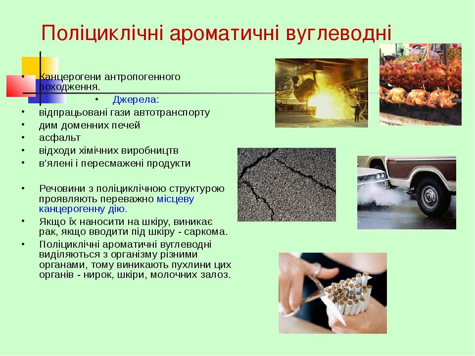 Поліциклічні ароматичні вуглеводні Канцерогени антропогенного походження. Джерела: відпрацьовані гази автотранспорту дим доменних печей асфальт від...