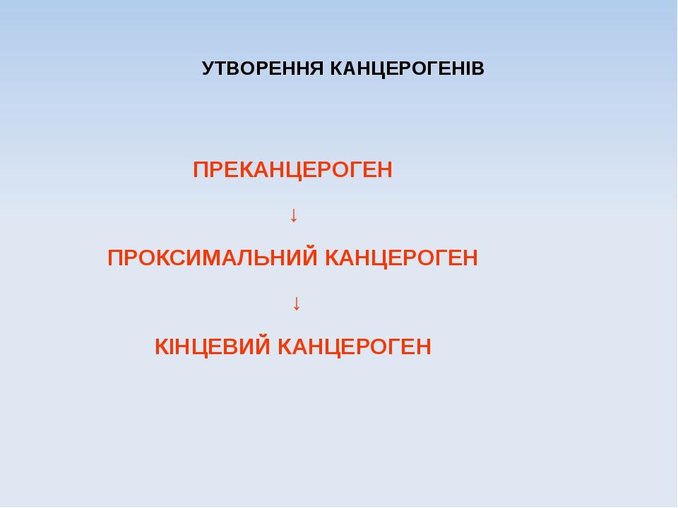 УТВОРЕННЯ КАНЦЕРОГЕНІВ ПРЕКАНЦЕРОГЕН ↓ ПРОКСИМАЛЬНИЙ КАНЦЕРОГЕН ↓ КІНЦЕВИЙ КАНЦЕРОГЕН