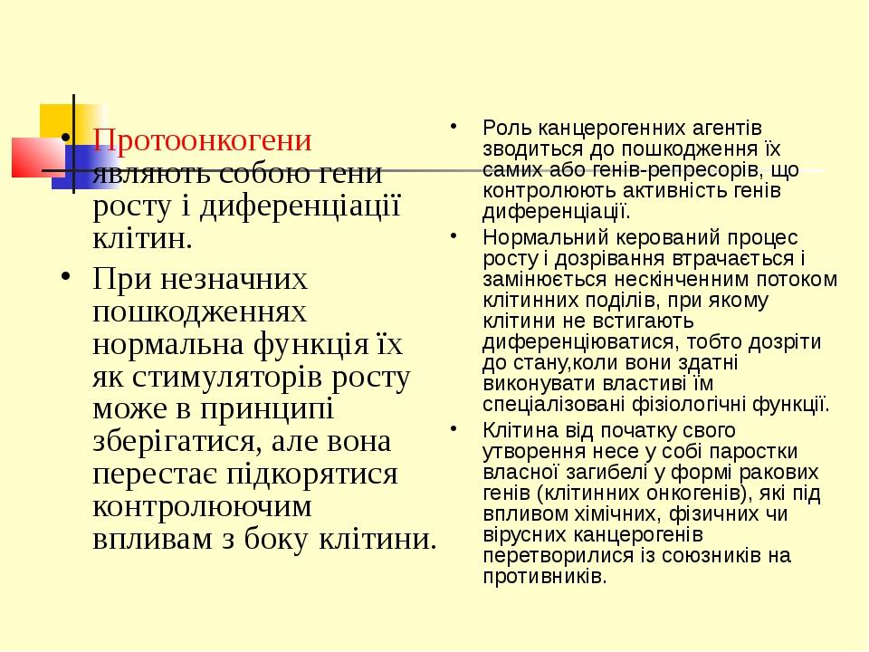 Протоонкогени являють собою гени росту і диференціації клітин. При незначних пошкодженнях нормальна функція їх як стимуляторів росту може в принцип...