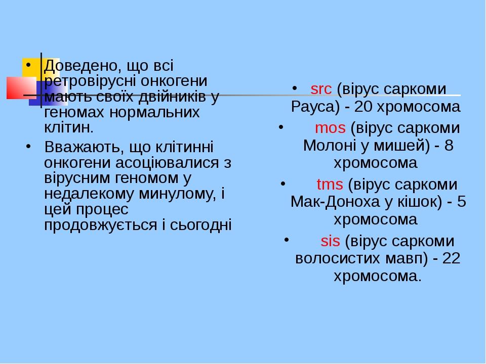 Доведено, що всі ретровірусні онкогени мають своїх двійників у геномах нормальних клітин. Вважають, що клітинні онкогени асоціювалися з вірусним ге...