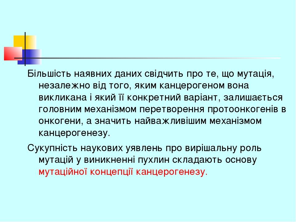 Більшість наявних даних свідчить про те, що мутація, незалежно від того, яким канцерогеном вона викликана і який її конкретний варіант, залишається...