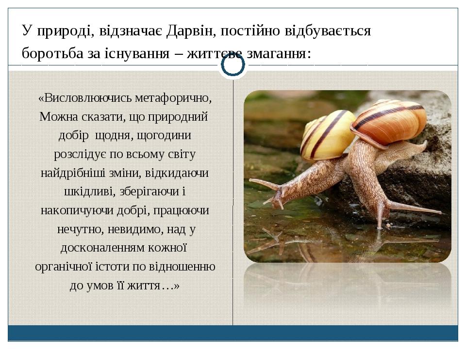 «Висловлюючись метафорично, Можна сказати, що природний добір щодня, щогодини розслідує по всьому світу найдрібніші зміни, відкидаючи шкідливі, збе...