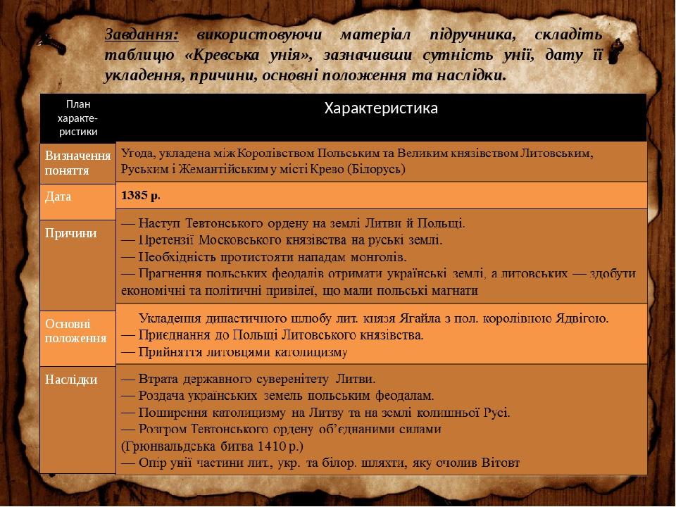 Завдання: використовуючи матеріал підручника, складіть таблицю «Кревська унія», зазначивши сутність унії, дату її укладення, причини, основні полож...