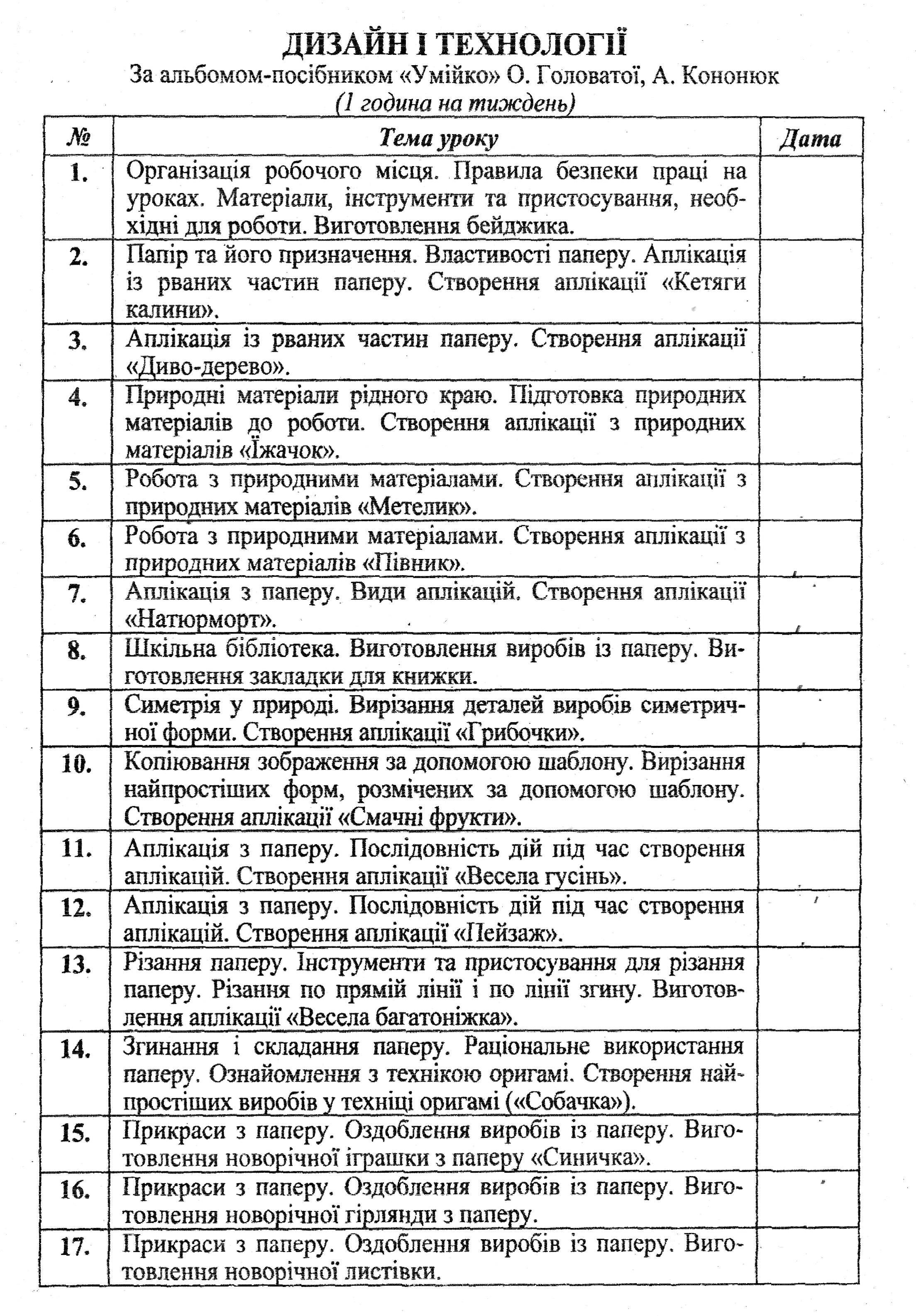 Календарне планування "Дизайн і технології 1 клас НУШ І семестр" | Інші ...