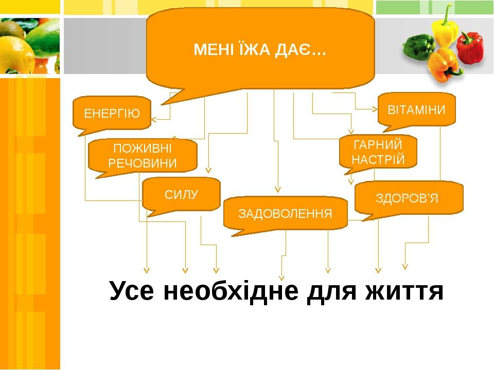Усе необхідне для життя ЕНЕРГІЮ СИЛУ ВІТАМІНИ ГАРНИЙ НАСТРІЙ ЗАДОВОЛЕННЯ ПОЖИВНІ РЕЧОВИНИ МЕНІ ЇЖА ДАЄ… ЗДОРОВ’Я
